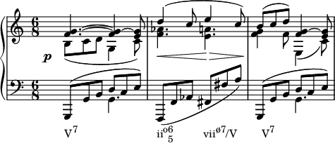  {
   #(set-global-staff-size 16)
   \new PianoStaff <<
      \new Staff <<
         \new Voice \relative c' {
             \stemUp \time 6/8
             <f g>4.^~ <f g>4^~ <e g>8
             d'4^( c8 e4 c8)
             b^( c d) <f, g>4^~ <e g>8
             }
         \new Voice \relative c' {
             \stemDown
              \override DynamicText.X-offset = #-4
              \override DynamicLineSpanner.staff-padding = #4
              b8_(\p c d g,4 c8)
             <f aes>4.\< <e a>4.\>
             <f g>4\! f8 e,4_( c'8)
              }
            >>
     \new Staff <<
         \new Voice \relative c, {
             \clef F \time 6/8
             \stemUp g8^( g' b d c e)
             \stemNeutral f,,( f' aes fis fis' a)
             \stemUp g,,8^( g' b d c e)
             }
         \new Voice \relative c {
             \stemDown
             s4._\markup { \concat { "V" \raise #1 \small "7" \hspace #16 "ii" \raise #1 \small "o" \combine \raise #1 \small 6 \lower #1 \small 5 \hspace #6 "vii" \raise #1 \small "ø7" "/V" \hspace #5 "V" \raise #1 \small "7" } } g s2. s4. g
             }
         >>
    >>

}
