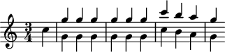 
\header {
  tagline = ##f
}

\score {
  \new Staff \with {

  }
<<
  \relative c'' {
    \key c \major
    \time 3/4
    \override TupletBracket #'bracket-visibility = ##f 
    %\autoBeamOff

     %%%%%%%%%%%%%%%%%%%%%%%%%% K61g II
     \partial 4 c4
     << { g' g g g g g c b a g } \\ { g,4 g g g g g c b a g } >>

  }
>>
  \layout {
    \context {
      \remove "Metronome_mark_engraver"
    }
  }
  \midi {}
}
