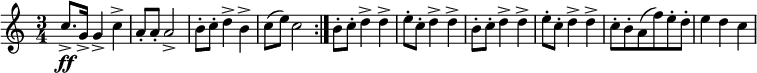 \relative c'' {
\time 3/4 \tempo "Maestoso"
\once \omit Score.MetronomeMark \tempo 4 = 66
\repeat volta 2 { c8.->\ff g16-> g4-> c-> | a8-. a-. a2-> | b8-. c-. d4-> b-> | c8( e) c2 }
b8-. c-. d4-> d-> | e8-. c-. d4-> d-> | b8-. c-. d4-> d-> | e8-. c-. d4-> d-> | 
c8-.[ b-. a( f') e-. d-.] | e4 d c |
}