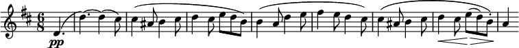 
\relative d' {
 \key d \major \time 6/8
 \set Score.tempoHideNote = ##t \tempo 2. = 80
 \set Staff.midiInstrument = "violin"
 \partial 4. d4.\pp(|
 d'4.)~ d4(cis8) |
 cis4(ais8 b4 cis8 |
 d4 cis8 e d b) |
 b4(a8 d4 e8 |
 fis4 e8 d4 cis8) |
 cis4\(ais8 b4 cis8 |
 d4\< cis8 e(\> d) b-.\) |
 a4\!
}
