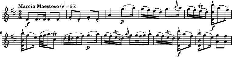 
\relative c'' { 
  \version "2.18.2"
  \key d \major
  \tempo "Marcia Maestoso" 4 = 65
   \time 2/4
   
  d,8 \f d16. d32 d8 d
  fis-. d-. fis-. d-.
  a'4 g'8. \p (a16)
  g (fis) e (d) g8. \grace b32 (a16)
  g16 (fis) e\trill (d) <d,-! d' d'>16\f a''8 (fis16)
 < d,-! b' b'>16 g'8 (e16) fis64 (g a16.) cis,8\trill
 d16 (dis e fis) g8. \p (a16)
 g16 (fis) e\trill (d!) \grace a'32 (g16) g32 (fis g16) a-!
  g16 (fis) e\trill (d) <d,-! d' d'>16\f a''8 (fis16)
 < d,-! b' b'>16 g'8 (e16) <a, g'>8 <a fis'>
}
