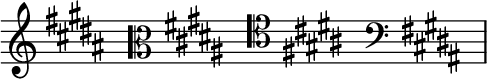 { \new Staff \with{ \magnifyStaff #3/2 } << \time 4/16 \override Score.TimeSignature #'stencil = ##f { \clef treble \key gis \minor s16 \clef alto \key gis \minor s16 \clef tenor \key gis \minor s16 \clef bass \key gis \minor s16 } >> }