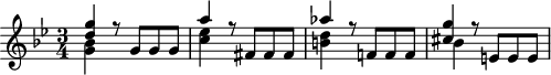 
\header {
  tagline = ##f
}

\score {
  \new Staff \with {

  }
<<
  \relative c'' {
    \key bes \major
    \time 3/4
    \override TupletBracket #'bracket-visibility = ##f 
    %\autoBeamOff

     %%%%%%% K15p
     << { <g' d>4 r8 g,8 g g } \\ { <bes g>4 } >>
     << { a'4 r8 fis,8 fis fis } \\ { < ees' c >4 } >>
     << { aes4 r8 f,!8 f f } \\ { < d' b! >4 } >>
     << { < g cis, >4 r8 e,!8 e e } \\ { bes'4 } >>
     
  }
>>
  \layout {
    \context {
      \remove "Metronome_mark_engraver"
    }
  }
  \midi {}
}
