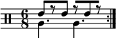 
    \new DrumStaff <<
       \new voice \drummode { 
           \set Score.tempoHideNote = ##t \tempo 4 = 120
           \time 6/8
           \stemUp \repeat volta 2 { tommh8[ r tommh] r[ tommh r] }
       }
       \new voice \drummode {
           \stemDown \repeat volta 2 { tomfh4. tomfh }
       }
   >>
