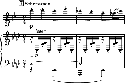 
<<
    \new Staff="clar" \relative c'' {
      \transposition bes
      \set Staff.midiInstrument = #"clarinet"
      \clef treble
      \time 2/4
      \key bes \major
      \mark \markup { \box "7" \bold \small "Scherzando"}
      d'8-.\p des-. c-. ees-. | ces8-. bes-. a-. aes16( c)
    }
    \new PianoStaff {
      <<
        \new Staff="one" \relative c {
          \clef treble
          \key aes \major
          \time 2/4
          r16 ees-.\p^\markup { \italic "leger" } << ees' des-. >> ees,-.
          \repeat unfold 3 { r16 ees-. << ees' des-. >> ees,-. }
        }
        \new Staff="two" \relative c {
          \clef bass
          \key aes \major
          \time 2/4
          << { des2--~ | des2 } \\
             { r4 ees,-.( | aes,4-. ees'-.) } >>
        }
      >>
    }
  >>
