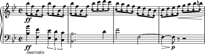 
{ \new PianoStaff <<
\new Staff \relative bes'' { \set Staff.midiInstrument = #"piano" \key bes \major \clef treble \time 2/2 \set Score.tempoHideNote = ##t \tempo 2 = 60
  bes8 \ff :16 f8 :16 bes,8 :16
  f'8 :16 bes8 :16 f8 :16 bes,8 :16 f'8 :16 | % 2
  bes8 :16 f8 :16 bes,8 :16 f'8 :16 bes8 :16 c8 :16 d8 :16 c8 :16 | % 3
  bes8 :16 a8 :16 g8 :16 f8 :16 es8 :16 d8 :16 c8 :16 bes8 :16 | % 4
  c8 :16 d8 :16 es8 :16 f8 \< :16 g8 :16 a8 :16 bes8 :16 b8 :16 \!
  }
\new Staff \relative bes { \set Staff.midiInstrument = #"piano" \key bes \major \clef bass \time 2/2
  <bes bes'>4 \ff _\markup{ \italic {marcato} } <f f'>4 \times 2/3 {
    <es es'>4 <d d'>4 <c c'>4
  }
  | % 2
  <bes bes'>2. d'4 | % 3
  f2 f,2 ~ | % 4
  f4 \> ~ f8 \! \p r8 r2 }
>> }
