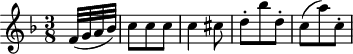 
\header {
  tagline = ##f
}

\score {
  \new Staff \with {

  }
<<
  \relative c' {
    \key f \major
    \time 3/8
    \override TupletBracket #'bracket-visibility = ##f 
    %\autoBeamOff

     %%%%%%%%%%%%%%%%%%%%%%%%%% K15a/ K. Anh. 109b n° 1
     \partial 8 f32( g a bes) c8 c c c4 cis8 d-. bes' d,-. c( a') c,-.

  }
>>
  \layout {
    \context {
      \remove "Metronome_mark_engraver"
    }
  }
  \midi {}
}
