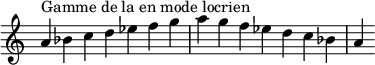  {
\override Score.TimeSignature #'stencil = ##f
\relative c'' {
  \clef treble \time 7/4
  a4^\markup { Gamme de la en mode locrien } bes c d es f g a g f es d c bes a
} }
