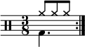 
    \new Staff <<
       \new voice \relative c' {
           \clef percussion
           \numericTimeSignature
           \time 3/8
           \set Score.tempoHideNote = ##t \tempo 4. = 80
           \stemDown \repeat volta 2 { g4. }
       }
       \new voice \relative c'' {
           \override NoteHead.style = #'cross
           \stemUp \repeat volta 2 { a8 a a }
       }
   >>