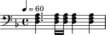 \relative d { \clef bass \tempo 4=60 \key d \minor <d f a>4. <d f a>16 <d f a>16 <d f a>4 <d f a>4 }