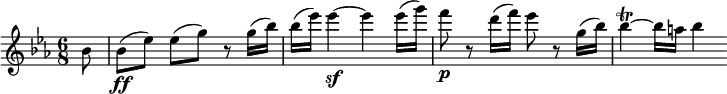 
\relative c'' {
  \key es \major \time 6/8 \set Score.tempoHideNote = ##t \tempo 4 = 150
  \partial 8 bes8 | bes8\ff( es) es([ g)] r g16( bes) |
  bes16( es) es4~\sf es es16( g) |
  f8\p r d16( f) es8 r g,16( bes) |
  bes4\trill~ bes16 a bes4
}
