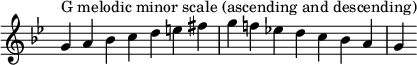  {
\override Score.TimeSignature #'stencil = ##f
\relative c'' {
 \clef treble \key g \minor \time 7/4
 g4^\markup "G melodic minor scale (ascending and descending)" a bes c d e fis g f! es! d c bes a g
} }
