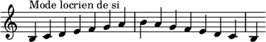  {
\override Score.TimeSignature #'stencil = ##f
\relative c' { 
  \clef treble \time 7/4
  b4^\markup { Mode locrien de si } c d e f g a b a g f e d c b
} }
