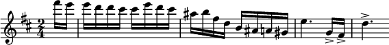 
  \relative c'' { \clef treble \key b \minor \time 2/4 \partial 16*2 fis'16 e e d d cis cis e d cis ais b fis d b ais a gis e'4. g,16-> fis-> d'4.-> }
