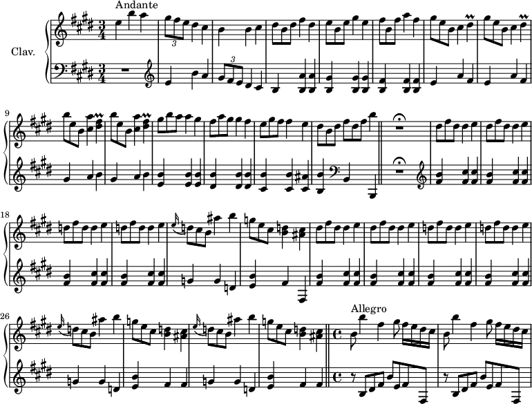 
\version "2.18.2"
\header {
  tagline = ##f
  % composer = "Domenico Scarlatti"
  % opus = "K. 162"
  % meter = "Anadnte - Allegro"
}

%% les petites notes
trillDisp     = { \tag #'print { dis4\prall } \tag #'midi { e32 dis e dis~ dis8 } }
trillFisp     = { \tag #'print { < dis fis >4\prall } \tag #'midi { << { gis32 fis gis fis~ fis8 } \\ { dis4 } >> } }


upper = \relative c'' {
  \clef treble 
  \key e \major
  \time 3/4
  \tempo 4 = 88
  \set Staff.midiInstrument = #"harpsichord"
  \override TupletBracket.bracket-visibility = ##f

      s8*0^\markup{Andante}
      e4 b' a  | \times 2/3 { gis8 fis e } dis4 cis | b b cis | \omit TupletNumber 
 \times 2/3 { dis8 b dis } fis4 dis | \times 2/3 { e8 b e } gis4 e | 
      % ms. 6
      \times 2/3 { fis8 b, fis' } a4 fis | \repeat unfold 2 { \times 2/3 { gis8 e b } cis4 \trillDisp } | \repeat unfold 2 { \times 2/3 { b'8 e, b } < cis a' >4 \trillFisp } |
      % ms. 11
      \times 2/3 { gis8 b a } a4 gis | \times 2/3 { fis8 a gis } gis4 fis | \times 2/3 { e8 gis fis } fis4 e | \times 2/3 { dis8 b dis } \times 2/3 { fis8[ dis fis] } b4 \bar "||" R2.\fermata
      % ms. 16
      \repeat unfold 2 { \times 2/3 { dis,8 fis dis } dis4 e } | \repeat unfold 2 { \times 2/3 { d8 fis d } d4 e } | \appoggiatura e16 \times 2/3 { d8 cis b } ais'4 b | 
      % ms. 21
      \times 2/3 { g8 e cis } < b d >4 < ais cis > | \repeat unfold 2 { \times 2/3 { dis8 fis dis } dis4 e } | \repeat unfold 2 { \times 2/3 { d8 fis d } d4 e } |
      % ms. 26
      \repeat unfold 2 { \appoggiatura e16 \times 2/3 { d8 cis b } ais'4 b | \times 2/3 { g8 e cis } < b d >4 < ais cis > } \bar "||"   \time 4/4 s8*0^\markup{Allegro}   \tempo 4 = 126
      % ms. 30
      \repeat unfold 2 { b8 b'4 fis gis8 fis16 e dis cis } | 

}

lower = \relative c' {
  \clef bass
  \key e \major
  \time 3/4
  \set Staff.midiInstrument = #"harpsichord"
  \override TupletBracket.bracket-visibility = ##f

    % ************************************** \appoggiatura a16  \repeat unfold 2 {  } \times 2/3 { }   \omit TupletNumber 
      R2. |   \clef treble  e4 b' a  | \times 2/3 { gis8 fis e } dis4 cis | b < b a' > q | < b gis' > q q |
      % ms. 6
      < b fis' >4 q q | \repeat unfold 2 { e a fis } | \repeat unfold 2 { gis a b } | 
      % ms. 11
      < e, b' >4 q q | < dis b' >4 q q | < cis b' >4 q < cis ais' > | < b b' >   \clef bass b, b, \bar "||" R2.\fermata  \clef treble 
      % ms. 16
      \repeat unfold 4 { < fis''' b >4 < fis cis' > q } g4 g d |
      % ms. 21
      < e b' >4 fis fis, | \repeat unfold 4 { < fis' b >4 < fis cis' > q }
      % ms. 26
      \repeat unfold 2 { g4 g d | < e b' > fis fis } |  \time 4/4
      % ms. 30
      \repeat unfold 2 { r8 b,8 dis fis b e, fis fis, } |

}

thePianoStaff = \new PianoStaff <<
    \set PianoStaff.instrumentName = #"Clav."
    \new Staff = "upper" \upper
    \new Staff = "lower" \lower
  >>

\score {
  \keepWithTag #'print \thePianoStaff
  \layout {
      #(layout-set-staff-size 17)
    \context {
      \Score
     \override SpacingSpanner.common-shortest-duration = #(ly:make-moment 1/2)
      \remove "Metronome_mark_engraver"
    }
  }
}

\score {
  \keepWithTag #'midi \thePianoStaff
  \midi { }
}
