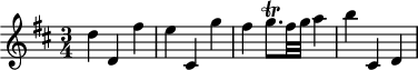 
\header {
  tagline = ##f
}

\score {
  \new Staff \with {

  }
<<
  \relative c'' {
    \key d \major
    \time 3/4
    \override TupletBracket #'bracket-visibility = ##f 
    \autoBeamOff

     %%%%%%%%%%% K 64
     d4 d, fis' e cis, g'' fis g8.\trill[ fis32 g] a4 b cis,, d

  }
>>
  \layout {
    \context {
      \remove "Metronome_mark_engraver"
    }
  }
  \midi {}
}
