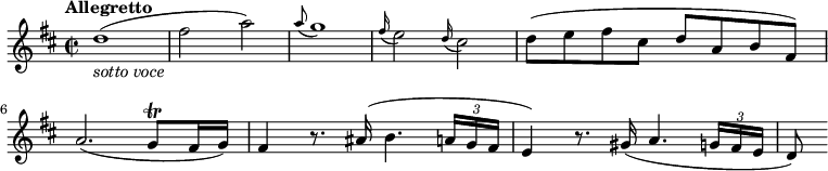 
  \relative c'' {
    \version "2.18.2"
    \key d \major 
    \tempo "Allegretto"
    \time 2/2
    \tempo 4 = 130
    d1_\markup{\italic {sotto voce}}  (fis2 a)
    \grace a8 (g1)
     \grace fis16 (e2) \grace d16 (cis2)
     d8 (e fis cis d a b fis)
     a2. (g8 \trill fis16 g)
     fis4 r8. ais16 (b4. \tuplet 3/2 {a16 g fis} e4)
     r8. gis16 (a4. \tuplet 3/2 {g16 fis e} d8)  
}
