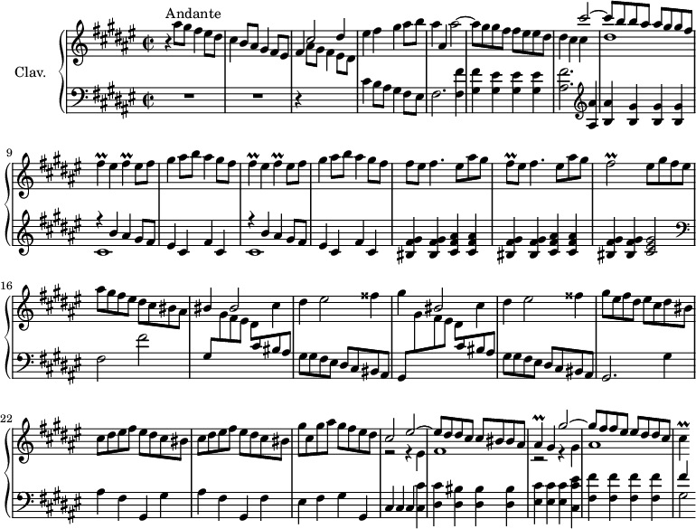 
\version "2.18.2"
\header {
  tagline = ##f
}

%% les petites notes
trillFis = { \tag #'print { fis4\prall } \tag #'midi { gis32 fis gis fis~ fis8 } }
trillFisL = { \tag #'print { fis2\prall } \tag #'midi { gis32 fis gis fis~ fis8~ fis4 } }
trillFisq = { \tag #'print { fis8\prall } \tag #'midi { gis32 fis gis fis } }
trillAis = { \tag #'print { ais4\prall } \tag #'midi { bis32 ais bis ais~ ais8~ } }
trillCis = { \tag #'print { cis4\prall } \tag #'midi { dis32 cis dis cis~ cis8~ } }

upper = \relative c'' {
  \clef treble 
  \key fis \major
  \time 2/2
  \tempo 4 = 120
  \set Staff.midiInstrument = #"harpsichord"
  \override TupletBracket.bracket-visibility = ##f


     s8*0^\markup{Andante}
     r4 ais'8 gis fis4 eis8 dis | cis4 b8 ais gis4 fis8 eis | fis4 \stemUp cis'2 dis4 | \stemNeutral eis fis gis ais8 b |
     % ms. 5
     ais4 ais, ais'2~ | ais8 gis gis fis  fis eis eis dis | dis4 cis << { cis'2~ | cis8 b b ais ais gis gis fis } \\ { cis4 s4 | dis1 } >>
     % ms. 9
     \repeat unfold 2 { \trillFis eis4 \trillFis eis8 fis | gis4 ais8 b ais4 gis8 fis } | 
     % ms. 13
     fis8 eis fis4. eis8 ais gis | \trillFisq eis8 fis4. eis8 ais gis | \trillFisL eis8 gis fis eis | ais gis fis eis dis cis bis ais |
     % ms. 17
     \stemUp bis4 bis2 \stemNeutral cis4 | dis eis2 fisis4 | gis \stemUp bis,2 \stemNeutral cis4 |
     % ms. 20
     dis4 eis2 fisis4 | gis8 eis fis dis eis cis dis bis | \repeat unfold 2 { cis dis eis fis eis dis cis bis } |
     % ms. 24
     gis'8 cis, gis' ais gis fis eis dis | << { cis2 eis~ | eis8 dis dis cis cis bis bis ais | \trillAis gis4 gis'2~ | gis8 fis fis eis eis dis dis cis } \\ { r2 r4 eis,4 | fis1 | r2 r4 gis4 | ais1 } >> 
     % ms. 29
     \trillCis

}

lower = \relative c' {
  \clef bass
  \key fis \major
  \time 2/2
  \set Staff.midiInstrument = #"harpsichord"
  \override TupletBracket.bracket-visibility = ##f
  \omit TupletNumber

    % **************************************
     R1*2 | r4 \stemDown \change Staff = "upper" ais'8 gis fis4 eis8 dis | \stemNeutral \change Staff = "lower" cis4 b8 ais gis4 fis8 eis |
     % ms. 5
     fis2. < fis fis' >4 | < gis fis' > < gis eis' > q q | < ais fis' >2.   \clef treble  < ais ais' >4 < b ais' > < b gis' > q q |
     % ms. 9
     \repeat unfold 2 { << { r4 b' ais gis8 fis | eis4 cis fis cis } \\ { cis1 } >> }
     % ms. 13
     \repeat unfold 2 { < bis fis' gis >4 q < cis fis ais > q } | < bis fis' gis >4 q < cis eis gis >2 |   \clef bass fis,2 fis' |
     % ms. 17
     gis,8 \stemDown \change Staff = "upper" gis'8 fis eis dis \stemNeutral \change Staff = "lower" cis8 bis ais |
     % ms. 20
     gis8 gis fis eis dis cis  bis ais | gis8 \stemDown \change Staff = "upper" gis''8 fis eis dis \stemNeutral \change Staff = "lower" cis8 bis ais | gis8 gis fis eis dis cis  bis ais | gis2. \repeat unfold 2 { gis'4 | ais4 fis gis, } fis'4 |
     % ms. 24
     eis4 fis gis gis, | cis cis cis < cis cis' > < dis cis' > < dis bis' > q q | < eis cis' > q q < cis eis' cis > | 
     % ms. 28
     < fis fis' >4 q q q | << { fis'4 } \\ { gis,2 } >>

}

thePianoStaff = \new PianoStaff <<
    \set PianoStaff.instrumentName = #"Clav."
    \new Staff = "upper" \upper
    \new Staff = "lower" \lower
  >>

\score {
  \keepWithTag #'print \thePianoStaff
  \layout {
      #(layout-set-staff-size 17)
    \context {
      \Score
     \override SpacingSpanner.common-shortest-duration = #(ly:make-moment 1/2)
      \remove "Metronome_mark_engraver"
    }
  }
}

\score {
  \keepWithTag #'midi \thePianoStaff
  \midi { }
}
