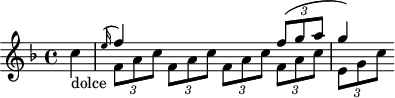 
\header {
  tagline = ##f
}

\score {
  \new Staff \with {

  }
<<
  \relative c' {
    \key f \major
    \time 4/4
    \override TupletBracket #'bracket-visibility = ##f 
    \autoBeamOff

     %%%%%%%%%%%%%%%%%%%%%%%%%% K30 Il faut retourner les queue de note de la voix supérieure. Comment ?
     \partial 4 c'-"dolce"

           <<
                 \new Voice                                
                 \relative c'
                 {       \voiceOne 
                         \grace e'16( f4) s2 {\times 2/3 { f8( g a }} g4) 
                 }
                                        
                 \new Voice              
                 \relative c''
                 {      \voiceTwo          
                        \times 2/3 { f,8 a c } \times 2/3{ f,8 a c } \times 2/3{ f,8 a c } \times 2/3{ f,8 a c } \times 2/3{ e, g c }
                 }
         >>
  }
>>
  \layout {
    \context {
      \remove "Metronome_mark_engraver"
    }
  }
  \midi {}
}
