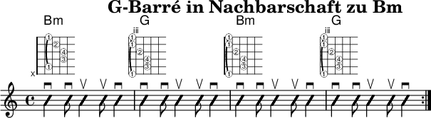 
\version "2.20.0"
\header {
  title="G-Barré in Nachbarschaft zu Bm"
  encoder="mjchael"
}

myShapes = {
  \new FretBoards {
    \override FretBoards.FretBoard.size = #'1.5
    \override FretBoard.fret-diagram-details.finger-code = #'in-dot
    \override FretBoard.fret-diagram-details.dot-color = #'white
    \override FretBoard.fret-diagram-details.orientation =
        #'landscape
 < b,-1 fis-3 b-4 d'-2 fis'-1> 1 % Bm
 < g,-1 d-3 g-4 b-2 d'-1 g'-1> 1 % G
 < f,-1 c-3 f-4 a-2 c'-1 f'-1> 1 % F
 < g,-1 d-3 g-4 b-2 d'-1 g'-1> 1 % G
  }
}

myChords = \new ChordNames { \chordmode {
    b1:m g b:m g
}}

myRhythm = { \repeat volta 4 {
  <b, fis b d' fis'>4\downbow 8\downbow 4\upbow 8\upbow 4\downbow
  <g, d g b d' g'>4\downbow 8\downbow 4\upbow 8\upbow 4\downbow
  <b, fis b d' fis'>4\downbow 8\downbow 4\upbow 8\upbow 4\downbow  
  < g, d g b d' g' >4\downbow 8\downbow 4\upbow 8\upbow 4\downbow
}}

\score { << %layout
  \myChords
  \myShapes
  \new Voice \with {
    \consists "Pitch_squash_engraver"
  }{
    \set Staff.midiInstrument = "acoustic guitar (nylon)"
    \improvisationOn
    \override NoteHead.X-offset = 0
    \myRhythm
  }
>> \layout{} }

\score { << % midi
  \unfoldRepeats {
    \tempo 4 = 120
    \time 4/4
    \key d \major
    \set Staff.midiInstrument = #"acoustic guitar (nylon)"
    \myRhythm 
    <b,-1 fis-3 b-4 d'-2 fis'-1>1 
  }
>> \midi{} }

\paper {
  indent=0\mm
  line-width=180\mm
  oddFooterMarkup=##f
  oddHeaderMarkup=##f
  % bookTitleMarkup=##f
  scoreTitleMarkup=##f
}
