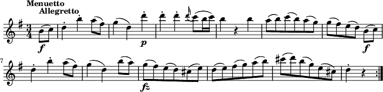 
\version "2.18.2"
\relative c'' {
  \key g \major
  \time 3/4
  \tempo "Menuetto"
  \tempo 4 = 142
  \partial 4 b8\f^\markup {\bold Allegretto} (c)
  d4-. b'-. a8 (fis)
  g4 (d) d'-.\p 
  d-. d-. \grace d16 (c8) (b16 c)
  b4 r b 
  a8 (b) c (b) a (g)
  g [(fis) e (d)] b\f [(c)]
  d4-. b'-. a8 (fis)
  g4 (d) b'8 (a) 
  g\fz (fis) e (d) cis (e)
  d (e) fis (g) a (b)
  cis (d) b (g) e (cis)
  d4-. r \bar ":|."
}
