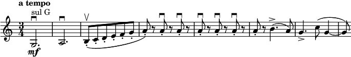 
\relative c' \new Staff {
 \key c \major \time 3/4 \tempo "a tempo"
 g2. \mf ^\markup { sul G } \downbow a\downbow b8-. ( \upbow c-. d-. e-. f-. g-.
 a-. ) r a-. \downbow r a-. \downbow r a-. \downbow r a-. \downbow r a-. \downbow r
 a-. r b4.-> ( a8) g4.-> c8( g4~ g8)
}
