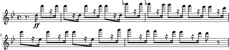 
<<
\relative c'' {
    \version "2.18.2"
    \key bes \major
    \time 4/4
    \tempo ""
    \partial2 r8. d16\ff f'8[ r16 f]
        f8[ r16 d,] f'8[ r16 f] f8[ r16 d,] aes''8[ r16 aes]
        aes8[ r16 g] g8[ r16 f] f8[ r16 es] es8[ r16 d]
        es8[ r16 es,] es'8[ r16 es] es8[ r16 es,] g'8[ r16 g]
        g8[ r16 f] f8[ r16 es] es8[ r16 d] d8 | r8
}
>>
