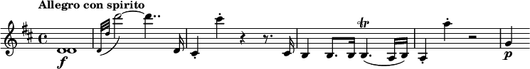 
\relative c' {
  \tempo "Allegro con spirito"
  \key d \major
  \time 4/4
  <<
    { d1\f | } \\
    { d1 | }
  >>
  \appoggiatura { d32[ d'] } d'2~ d4.. d,,16 |
  cis4-. cis''-. r r8. cis,,16 |
  b4 b8. b16 b4.\trill( a16 b) |
  a4-. a''-. r2 |
  g,4\p
}
