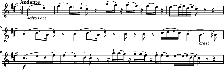 
  \relative c'' {
    \version "2.18.2"
    \key a \major 
    \tempo "Andante"
    \time 3/4
    \tempo 4 = 50
    cis2_\markup{\italic {sotto voce}}  (d4)
   fis (e8.) d16-! cis8-! r8
   a'8 (gis16) r16 gis8 (fis16) r16 fis8 (e16) r16
   e8 ~ e32 (fis d e cis8) r8 r4
   cis4 (d8. b16 e8) r8
   cis4 (d8. b16 e8) r8
   cis r cis r d16 (e fis d)
   cis4 (b4._\markup{\italic {cresc}} bis8)
   cis4.\f (e8 d fis)
   fis4 (e8.) d16-! cis8-! r
   r16 a'-! a (gis) r gis-! gis (fis) r fis-! fis (e)
   e8 ~ e32 (fis d e cis8) r8 r4
}
