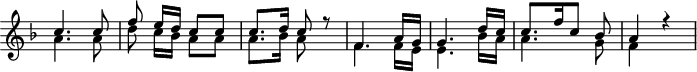 
\header {
  tagline = ##f
}

\score {
  \new Staff \with {
    \remove "Time_signature_engraver"
  }
<<
  \relative c'' {
    \key f \major
    \time 2/4
    \override TupletBracket #'bracket-visibility = ##f 
    \autoBeamOff

     %%%%%%%%%%%%%%%%%%%%%%%%%% K Anh 24a
     << { c4. c8 f e16[ d] c8 c c8.[ d16] c8 r8 f,4. a16[ g] g4. d'16[ c] c8.[ f16 c8] bes a4 r4 } \\ { a4. a8 d8 c16[ bes] a8 a a8.[ bes16] a8 s8 f4. f16[ e] e4. bes'16[ a] a4. g8 f4 s4 } >>

  }

  \addlyrics {
     Ach, was müs- sen wir er- fah- ren? Wie ! Jo- se- pha lebt nicht mehr
  }
>>
  \layout {
    \context {
      \remove "Metronome_mark_engraver"
    }
  }
  \midi {}
}
