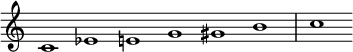  {
\override Score.TimeSignature #'stencil = ##f
\set Score.tempoHideNote = ##t
\tempo 1 = 120
\relative c' { 
  \cadenzaOn
  c1 ees e g gis b \bar "|" c
} }
