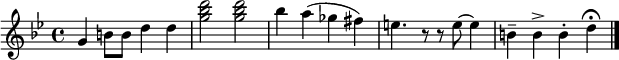 
  \transpose c g \relative c'{
  \key c \minor
  \time 4/4
    c4 e8 e g4 g          % (text after the % is just a comment)
    <c es g>2 <c es g>    % angle brackets create chords
    es4 d( ces b)         % parentheses create slurs
    a4. r8 r8 a8 ~ a4     % r creates rests; ~ creates ties
    e-- e-> e-. g\fermata % accents and other signs
    \bar "|."
  }
% This is just a comment line.
