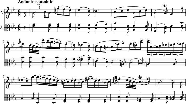 
<< \new Staff \with { instrumentName = #"V"}  
     \relative c'' {
    \version "2.18.2"
    \key ees \major 
    \tempo "Andante cantabile"
    \time 6/8
    \tempo 4 = 80
    \partial 8 bes8
    \transpose a bes \relative c'' <<
         { a8. b16 }
         {
           s8
           \once \set suggestAccidentals = ##t
           \once \override AccidentalSuggestion.outside-staff-priority = ##f
           \once \override AccidentalSuggestion.avoid-slur = #'inside
           \once \override AccidentalSuggestion.font-size = -3
           \once \override AccidentalSuggestion.script-priority = -1
           \single \hideNotes
           gis32-\turn \noBeam
           s32
} >> bes8 \grace bes32 ( g'8) (f ees)
   ees4 (d8) des4. 
   c8 ( d! ees bes d ees)
   bes4 (aes8\trill) g4 g'8
   \grace g8 (f4) ees32 (d c bes)
   d'8 c16 ( bes a g)
   f4 (e8) ees4 (d8)
   d (c b c fis g)
   f (e) c' ~ \tuplet 3/2 {c16 c, cis}  \tuplet 3/2 {d ees e}  \tuplet 3/2 {f fis g}
   ees!8 (d) bes' ~ bes16 a (g f ees d)
   b16 (c) d (ees) b (c) fis (g) d (ees) bes (c)
   \grace {bes32 (d} f4) (ees32 d c bes) 
   <<
         { c4.^\trill_( }
         { s4 \grace { bes16 ( c) } }
       >>
   bes4. ~ bes4 bes8
   
}
\new Staff \with { instrumentName = #"A "} \relative c' {
    \key ees \major 
    \clef "alto"
     \partial 8 r8 
     <ees g>4 <ees g>8 <ees g>4 <ees g>8
     <bes f'>4 <bes f'>8 <bes f'>4 (<bes g'>8)
     <aes aes'>4 <aes ees'>8 <g ees'>4 <g ees'>8
     <f c'>4 (<bes d>8)  ees4 <ees bes'>8
     <d bes'>4 <d bes'>8 <d bes'>4 <d bes'>8
     <c g'>4 <c g'>8 <fis a>4 (<g bes>8)
     ees4 (d8) c4 (a8)
     c4 (bes!8) a4 a8
     bes4 bes8 <d, bes'>4 <d bes'>8
     <ees g>4 <ees g>8  <ees g>4 <ees g>8
     <f d'>4 <f d'>8  <f a>4 <f a>8
     bes4 <bes d>8  <aes! d>4 <aes d>8
}
>>
