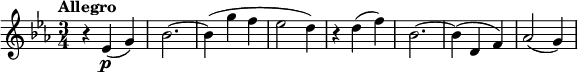 
\version "2.14.2"
 \relative c' {
         \clef "treble" 
         \tempo "Allegro"
         \key ees \major
         \time 3/4 
         \tempo 4 = 120
      r4 ees4\p (g)
      bes2. ~
      bes4 (g' f
      ees2 d4)
      r4 d4 (f)
      bes,2. ~
      bes4 (d, f)
      aes2 (g4)
}
