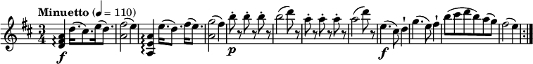 
\relative c'' { 
  \version "2.18.2"
  \key d \major
  \tempo "Minuetto" 4 = 110
   \time 3/4  
  <d, fis a>4\arpeggio \f d'16. (cis8.) e16 (d8.)
  <a fis'>2  (e'4)
  <a,, e' a>4\arpeggio e''16. (d8.) fis16 (e8.)
   <a, g'>2  (fis'4)
   b8-.\p r  b-. r  b-. r
   b2 (d8) r
   a8-. r  a-. r  a-. r
   a2 (d8) r
   e,4. \f (cis8) d4-!
    g4. (e8) fis4-!
    b8 (cis d b) a (g)
    fis2 (e4) \bar ":|."
}
