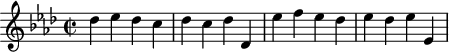 
\header {
  tagline = ##f
}

\score {
  \new Staff \with {

  }
<<
  \relative c'' {
    \key aes \major
    \time 2/2
    \tempo 2 = 86
    \override TupletBracket #'bracket-visibility = ##f 
    %\autoBeamOff
    \set Staff.midiInstrument = #"string ensemble 1"

     %%%%%%%%%%%%%%%%%%%%%%%%%% AB 3-4 th3
     des4 ees des c des c des des, ees' f ees des ees des ees ees,

  }
>>
  \layout {
    \context { \Score \remove "Metronome_mark_engraver"
    }
  }
  \midi {}
}
