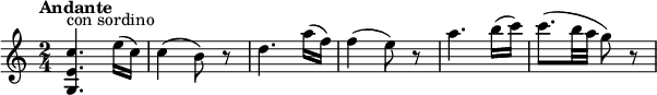 
\relative c' {
  \version "2.18.2"
  \tempo "Andante"
  \key c \major
  \time 2/4
  \tempo 4 = 70
 <g e' c'>4.^\markup {con sordino} e''16 (c) c4 (b8) r8 d4. a'16 (f) f4 (e8) r8 a4. b16 (c) c8. (b32 a g8) r8
}
