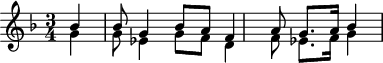 
\header {
  tagline = ##f
}

\score {
  \new Staff \with {

  }
<<
  \relative c'' {
    \key f \major
    \time 3/4
    \override TupletBracket #'bracket-visibility = ##f 
    \autoBeamOff

     %%%%%%% K 83
     \partial 4
     << { bes4 bes8 g4 bes8 a8 f4 a8 g8.[ a16] bes4 } \\ { g4 g8 ees4 g8 f8 d4 f8 ees8.[ f16] g4 } >>
  }
>>
  \layout {
    \context {
      \remove "Metronome_mark_engraver"
    }
  }
  \midi {}
}
