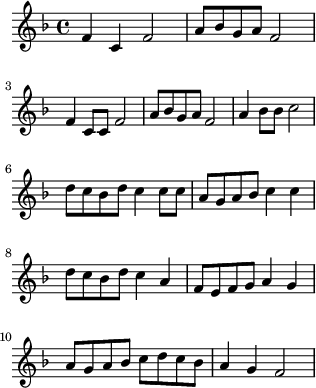 \relative c' { \key d \minor f c f2 | a8 bes g a f2 | f4 c8 c f2 | a8 bes g a f2 | a4 bes8 bes c2 | d8 c bes d c4 c8 c | a g a bes c4 c | d8 c bes d c4 a | f8 e f g a4 g | a8 g a bes c d c bes | a4 g f2 }