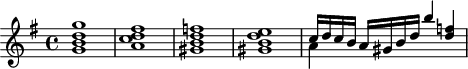 
\header {
  tagline = ##f
}

\score {
  \new Staff \with {

  }
<<
  \relative c''' {
    \key g \major
    \time 4/4
    \override TupletBracket #'bracket-visibility = ##f 
    %\autoBeamOff

     %%%%%%%%%%%%%%%%%%%%%%%%%% K15g
     < g d b g >1 < fis d c a >1 < f! d b gis >1 < e d b gis >1 
     << { c16 d c b a gis b d b'4 < f! d >4 } \\ { a,4 } >>

  }
>>
  \layout {
    \context {
      \remove "Metronome_mark_engraver"
    }
  }
  \midi {}
}
