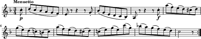 
  \relative c' {
  \version "2.18.2"
  \tempo "Menuetto"
  \key f \major
  \time 3/4
  \partial 8 c'8-.\p d (c bes a g f) 
  e r8 r4 r8 g-.
  bes (g e d c bes) 
  a r8 r4 r8 c'8-.\f
  a' (f) e (d) cis (d)
  g (e) d (c!) b (c)
  a' (f) e (d) cis (d)
  c! (e) g (e) c' (g)
  bes! (a) g (f) e (d)
  c2 r8 \bar ":|."
}
