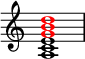 
{
\override Score.TimeSignature #'stencil = ##f
\new Staff <<
\new Voice \relative c' {
   \clef treble 
   \time 4/4
   \key a \minor
   \voiceOne
   <a c e>1
} 
\new Voice \relative c'' {
   \clef treble 
   \time 4/4
   \key c \major
   \voiceOne
   \override NoteHead.color = #red 
   <g b d>1
}
>>
}
