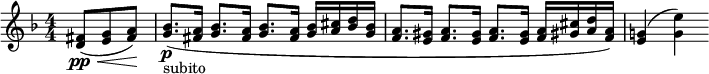 
\relative c' { \clef treble \numericTimeSignature \time 4/4 \key d \minor \partial 8*3 <fis d>8(\pp\< <g e> <a fis>)\! | <bes g>8.\p_"subito"( <a fis>16 <bes g>8. <a fis>16 <bes g>8. <a fis>16 <bes g> <cis a> <d bes> <bes g> | <a f>8. <gis e>16 <a f>8. <gis e>16 <a f>8. <gis e>16 <a f> <cis gis!> <d a> <a f>) | <g! e>4( <e' g,>) }
