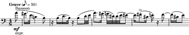 
  \relative c'' { \clef bass \time 4/8 \tempo "Grave" 8 = 50 \partial 8*1 a8(\mf^"Bassoon"_"expr." | gis16. e32 c!4 b8) | r16 b( d16. b32) r16 b8( d32 e | a8.) gis16( g32 dis) dis( e eis8~) | eis16 fis8--->( cis16 e16) r fis8~ | fis16( cis e8) }
