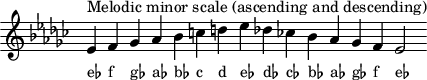 
\header { tagline = ##f }
scale = \relative c' { \key es \minor \omit Score.TimeSignature
  es^"Melodic minor scale (ascending and descending)" f ges aes bes c d es des! ces! bes aes ges f es2 }
\score { { << \cadenzaOn \scale \context NoteNames \scale >> } \layout { } \midi { } }
