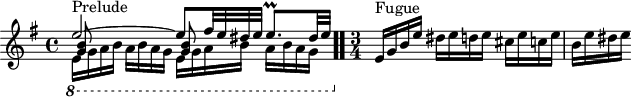 
\version "2.18.2"
\header {
  tagline = ##f
}

\score {
  \new Staff \with {
%fontSize = #-2
  }
<<
  \relative c'' {
    \key e \minor
    \time 4/4

     %% INCIPIT CBT I-10, BWV 855, mi mineur
     << { e2~^\markup{Prelude} e8 fis32 e dis e e8.\prall dis32 e | } \\ { \set Staff.ottavation = #"8" \once \override Staff.OttavaBracket.direction = #DOWN \repeat unfold 2 { e,16 g a b a b a g } \unset Staff.ottavation } \\ { \repeat unfold 2 { < b g >8 s8 s4 }} >> \bar ".."
     \time 3/4
      e,16^\markup{Fugue} g b e dis e d e cis e c e | b e dis e
  }
>>
  \layout {
     \context { \Score \remove "Metronome_mark_engraver" 
     \override SpacingSpanner.common-shortest-duration = #(ly:make-moment 1/2) 
}
  }
  \midi {}
}
