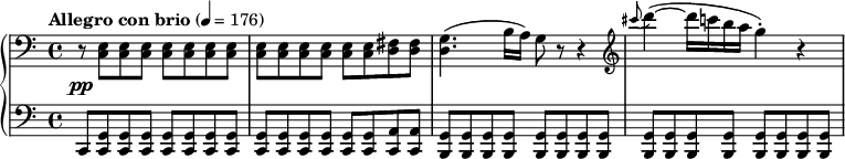  {
#(set-global-staff-size 18)
{ \new PianoStaff <<
  \new Staff { \relative c {
    \once\override DynamicLineSpanner.staff-padding = #4
    \clef bass \time 4/4
    \tempo "Allegro con brio" 4 = 176
    \override DynamicLineSpanner.staff-padding = #2.5
    r8\pp <c e> <c e> <c e> <c e> <c e> <c e> <c e>
    <c e> <c e> <c e> <c e> <c e> <c e> <d fis> <d fis>
    <d g>4.( b'16 a) g8 r r4
    \clef treble \grace { cis''8( } d4~)( d16 c b a g4-.) r4
  } }
  \new Staff { \relative c, {
   \clef bass
   c8 <c g'> <c g'> <c g'> <c g'> <c g'> <c g'> <c g'>
   <c g'> <c g'> <c g'> <c g'> <c g'> <c g'> <c a'> <c a'>
   <b g'> <b g'> <b g'> <b g'> <b g'> <b g'> <b g'> <b g'>
   <b g'> <b g'> <b g'> <b g'> <b g'>[ <b g'> <b g'> <b g'>]
  } }
>> } }
