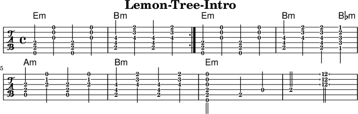 
\version "2.20.0"
\header {
  title="Lemon-Tree-Intro"
  encoder="cc-by-sa Wikibooks (mjchael)"
}

myKey = {
  \tempo 4 = 120
  %Tempo ausblenden
  \set Score.tempoHideNote = ##t
  \time 4/4
  \key e \minor
  \set Staff.midiInstrument = #"acoustic guitar (nylon)"
  %% verschmilzt unterschiedliche Notenköpfe
  \mergeDifferentlyHeadedOn
  \clef "G_8" 
}

myChords = \chordmode {
 \repeat volta 3 { e1:m b:m } 
 e:m b2.:m bes4:m
 a1:m b:m e:m s
}

myEm = { 
  < e, b, e>4 <g b e'> 
  < e, b, e>  <g b e'>
}
myBm = { 
  < b, fis b\3>4 <b\3 d' fis'> 
  < b, fis b\3>  <b\3 d' fis'>
}

myBmBbm = { 
   < b, fis b\3>4 <b\3 d' fis'> 
  < b, fis b d' fis'>
  < bes, f bes des' f'>
}

myAm = { 
  < a, e a>4 <a c' e'> 
  < a, e a>  <a c' e'>
}

myDiskant = {
  \repeat volta 2 { \myEm \myBm }
  \myEm \myBmBbm \break
  \myAm \myBm
  < e, b, e g b e'>2 b,4 d e2 
  < \parenthesize g'\3 
    \parenthesize b'\2 
    \parenthesize e''\1 
  >
}

% myBass = { }

%% Layout
\score {
  <<
    \new ChordNames { \myChords }
    {
      %%Noten
      % \new Staff \myKey \myDiskant
    }
    %% Tabulatur
    \new TabStaff {
       \tabFullNotation 
       \myDiskant
    }
  >>
  \layout {}
}
%% Midiausgabe mit Wiederholungen, ohne Akkorde
\score {
  <<
    \unfoldRepeats {
      \new Staff  <<
        \myKey 
        \myDiskant
      >>
    }
  >>
  \midi {}
}
%% unterdrückt im raw="!"-Modus das DinA4-Format.
\paper {
  indent=0\mm
  % DinA4 0 210mm - 10mm Rand - 20mm Lochrand = 180mm
  line-width=180\mm
  oddFooterMarkup=##f
  oddHeaderMarkup=##f
  % bookTitleMarkup=##f
  scoreTitleMarkup=##f
}
