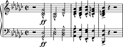 
\relative c' {
  \new PianoStaff <<
    \new Staff {
      \set Staff.midiInstrument = #"piano" \key ges \major \clef treble \time 2/2 \set Score.tempoHideNote = ##t \tempo 4 = 90
      r2 <bes des ges>2 \ff _^ |
      <ges ces>2 _^ <des' ges>2 _^ |
      <ces es as>4 _^ <bes des ges bes>4 _^ <ces ges' ces>4 _^ <c f a>4 _^ |
      <bes d f bes>4 -> r4 r2 |
    }
    \new Staff {
      \set Staff.midiInstrument = #"piano" \key ges \major \clef bass \time 2/2
      r2 <ges, des'>2 \ff _^ |
      <ces es>2 ^^ <bes des ges>2 ^^ |
      <as es' as>4 ^^ <ges ges'>4 _^ <es es' ges>4 _^ <f f'>4 _^ |
      <bes, bes' f'>4 -> r4 r2 |
    }
  >>
}
