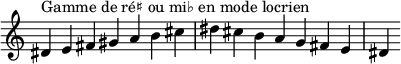  {
\override Score.TimeSignature #'stencil = ##f
\relative c' {
  \clef treble \time 7/4
  dis4^\markup { Gamme de ré♯ ou mi♭ en mode locrien } e fis gis a b cis dis cis b a g fis e dis
} }
